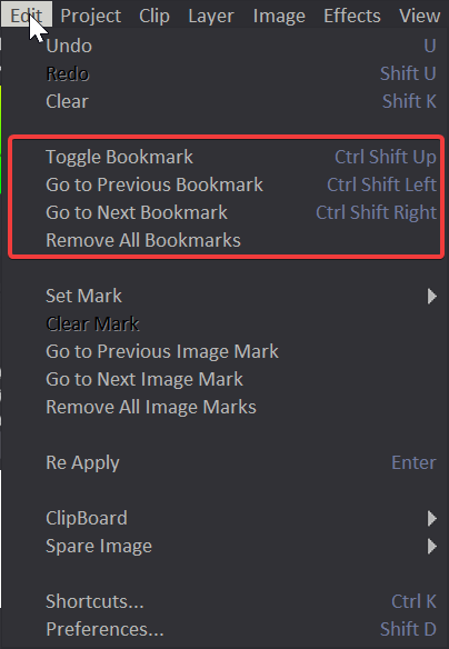 Adding Bookmarks through the Edit menu