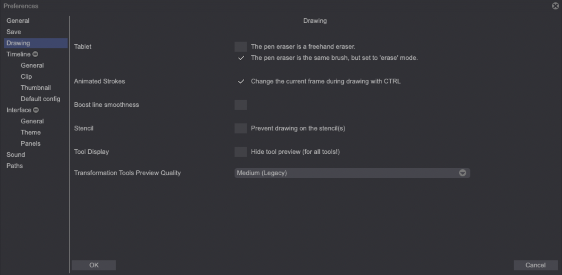 Preferences drawing tab