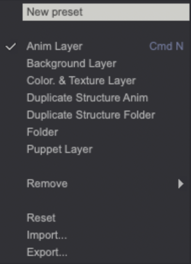 The New Preset menu