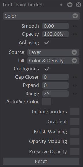 Paint Bucket options in the Tool Panel
