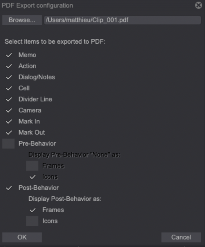 The PDF export configuration Panel
