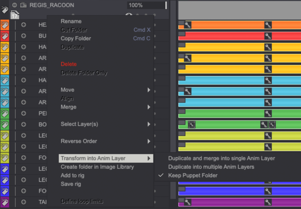 Turning Puppet Layers into Animation Layers menu
