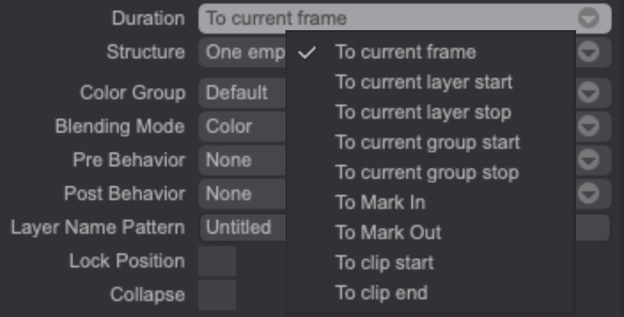 The Layer Presets Manager's Duration menu