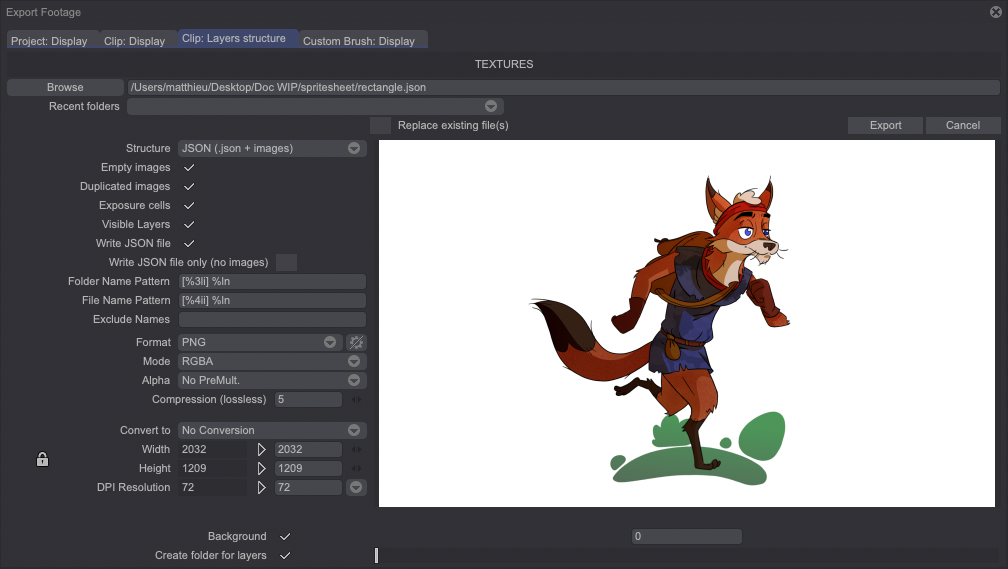 The JSON export panel layout