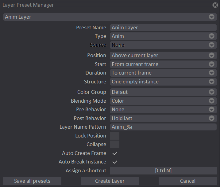 The Layer Presets Manager panel