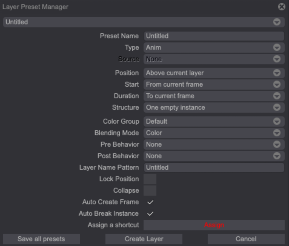 The New Preset panel