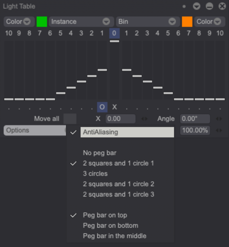 Out-of-Pegs panel Options drop down menu