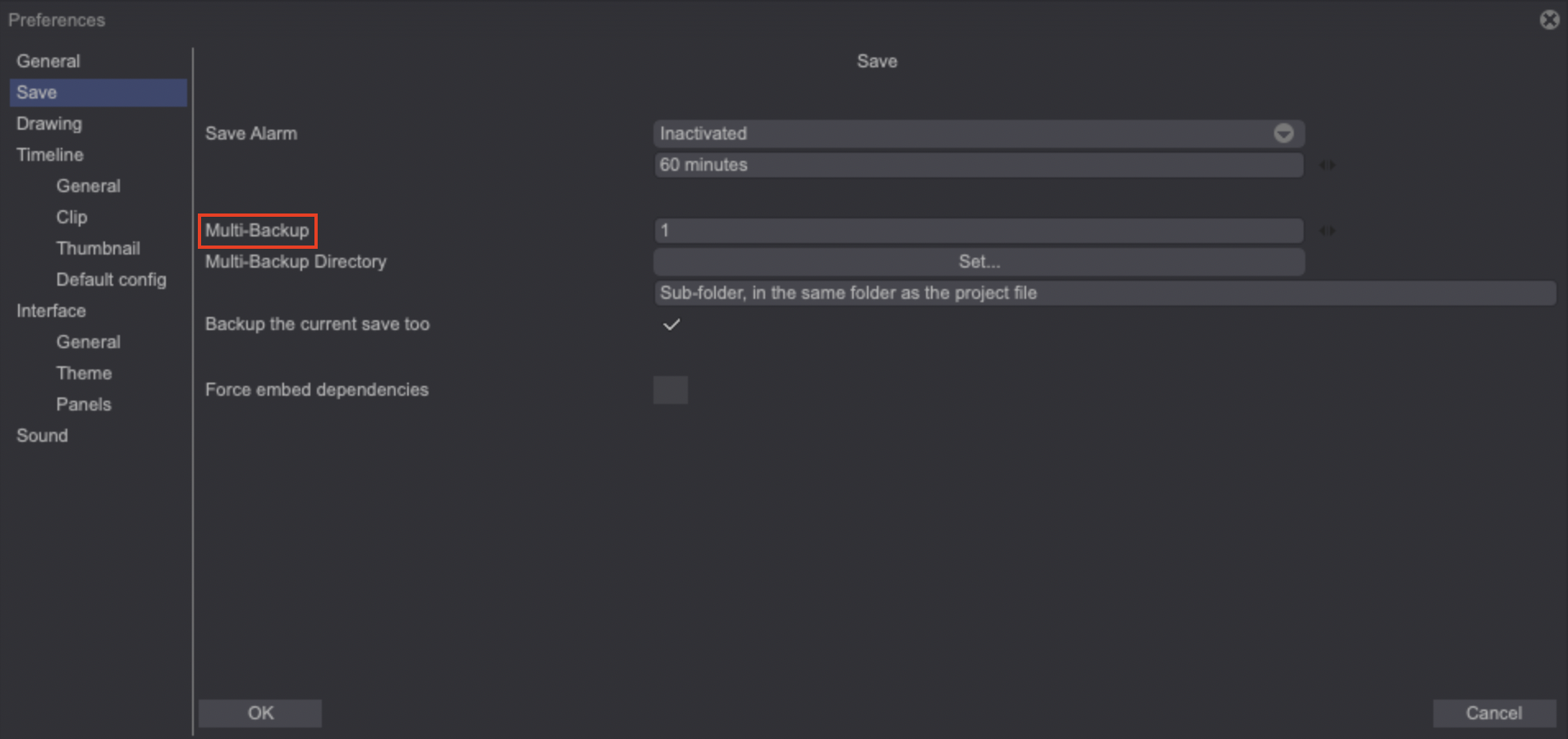 Preferences Window Backup option