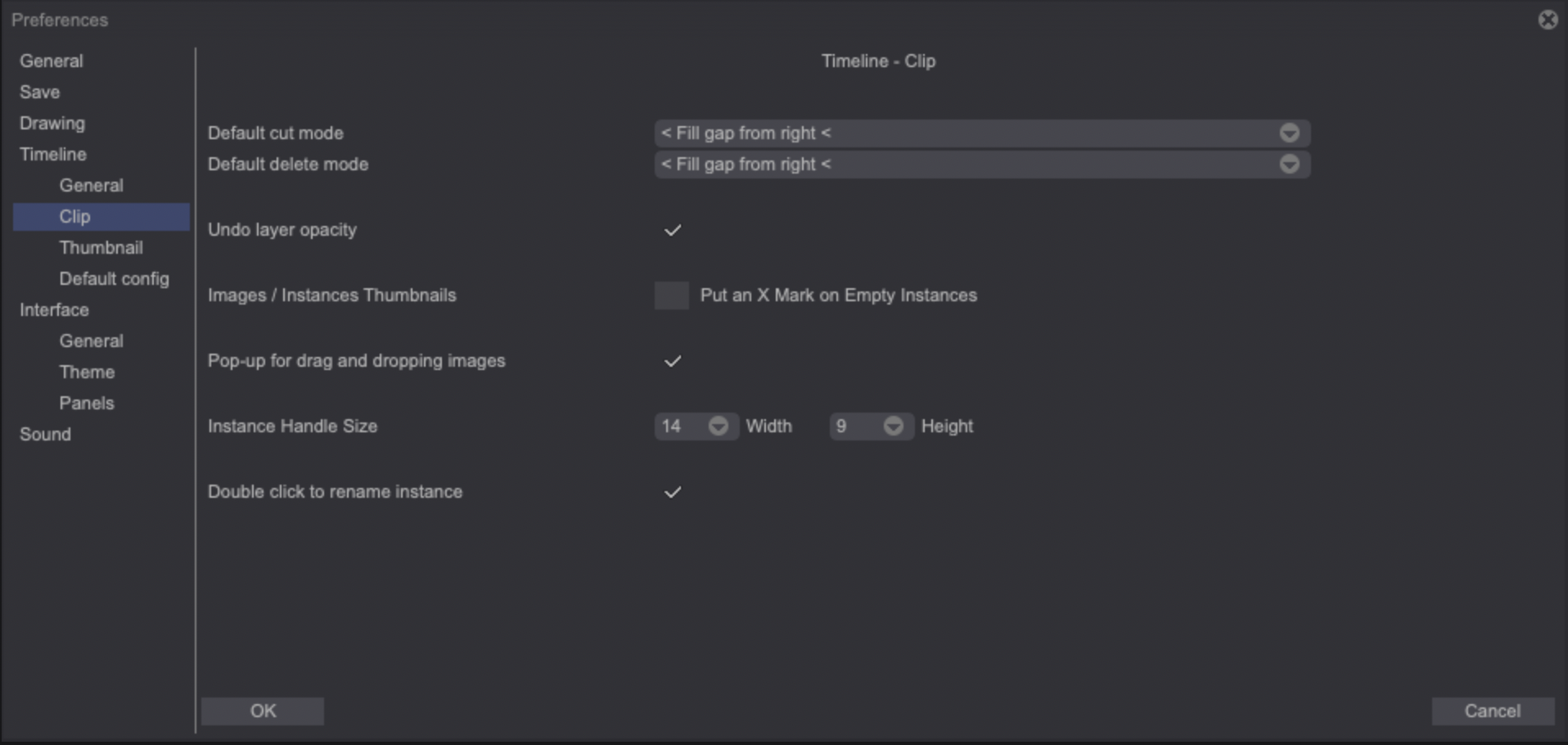 Preferences timeline clip tab