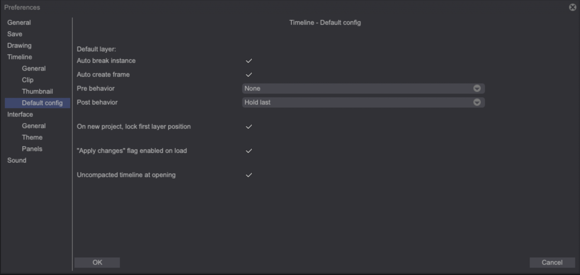 Preferences timeline default config tab