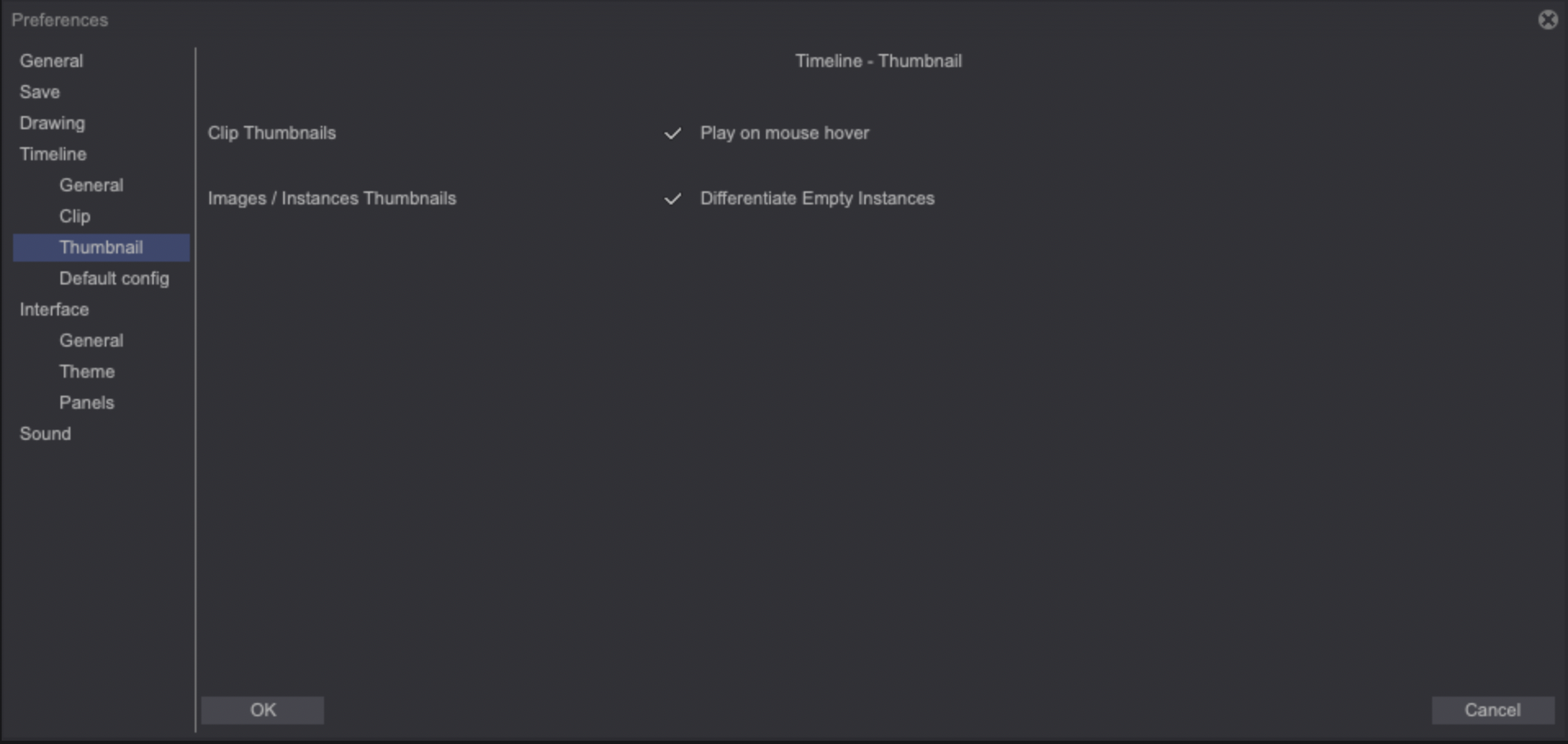 Preferences timeline thumbnail tab